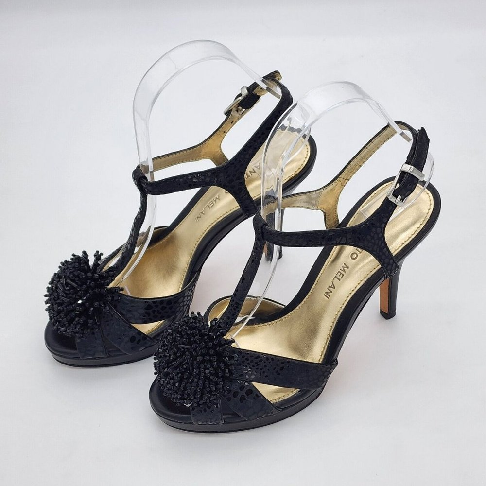 Antonio Melani Alleara Black Ankle Strap Heels Beaded Embossed Size 6 - Picture 2 of 12